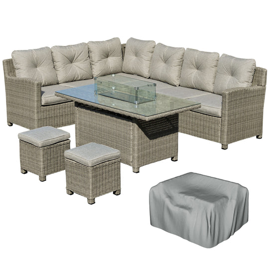 Grey L-shaped rattan sofa set with gas fire pit table and two footstools
