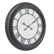 Louie black wall clock with white face and Roman numerals, front view