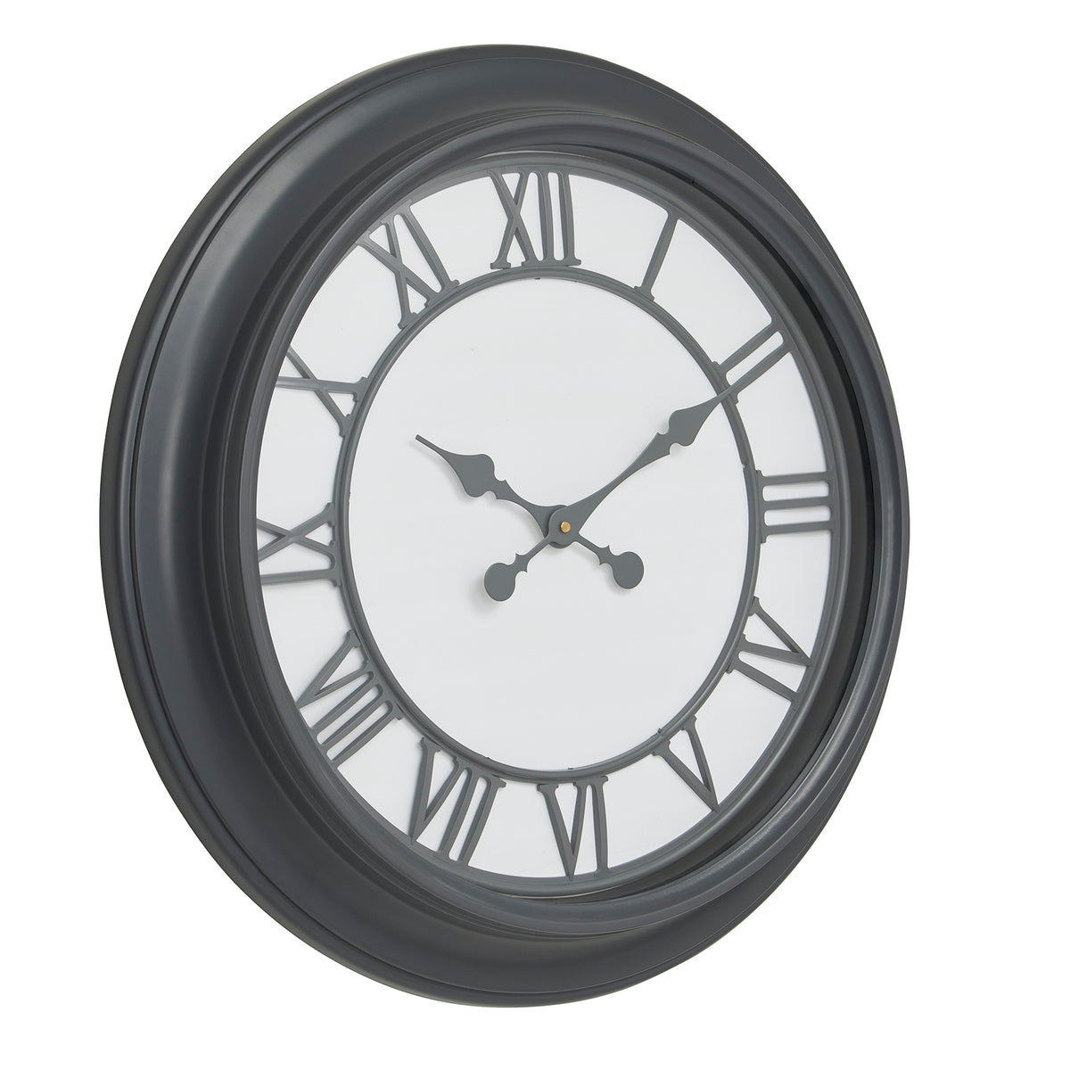 Louie black wall clock with white face and Roman numerals, front view