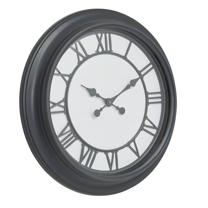 Louie black wall clock with white face and Roman numerals, front view