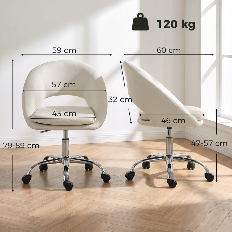 HOMCOM Velvet Desk Chair, Modern Office Chair with Height-Adjustable, Wheels, for Home Study Bedroom, Cream – view 3