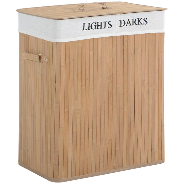 100L collapsible natural wood laundry hamper with lid, PU handles and removable lining