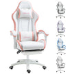 White faux leather racing gaming chair with pink trim, headrest and lumbar pillows and pull-out footrest