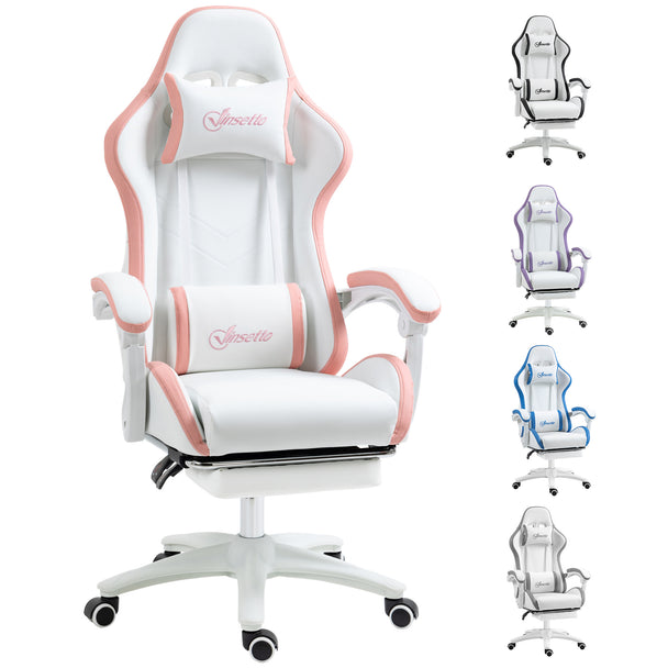 White faux leather racing gaming chair with pink trim, headrest and lumbar pillows and pull-out footrest