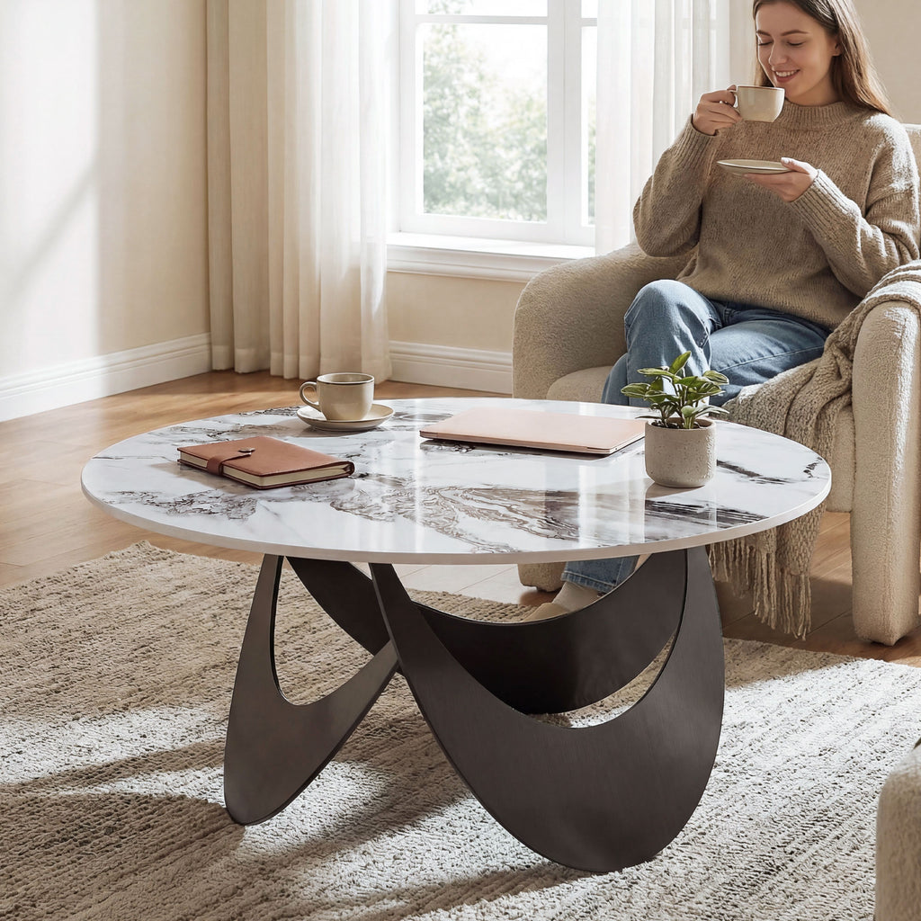 Coffee Table Sintered Stone Top Adjustable Foot Pads Modern Centre Table for Living Room White and Black