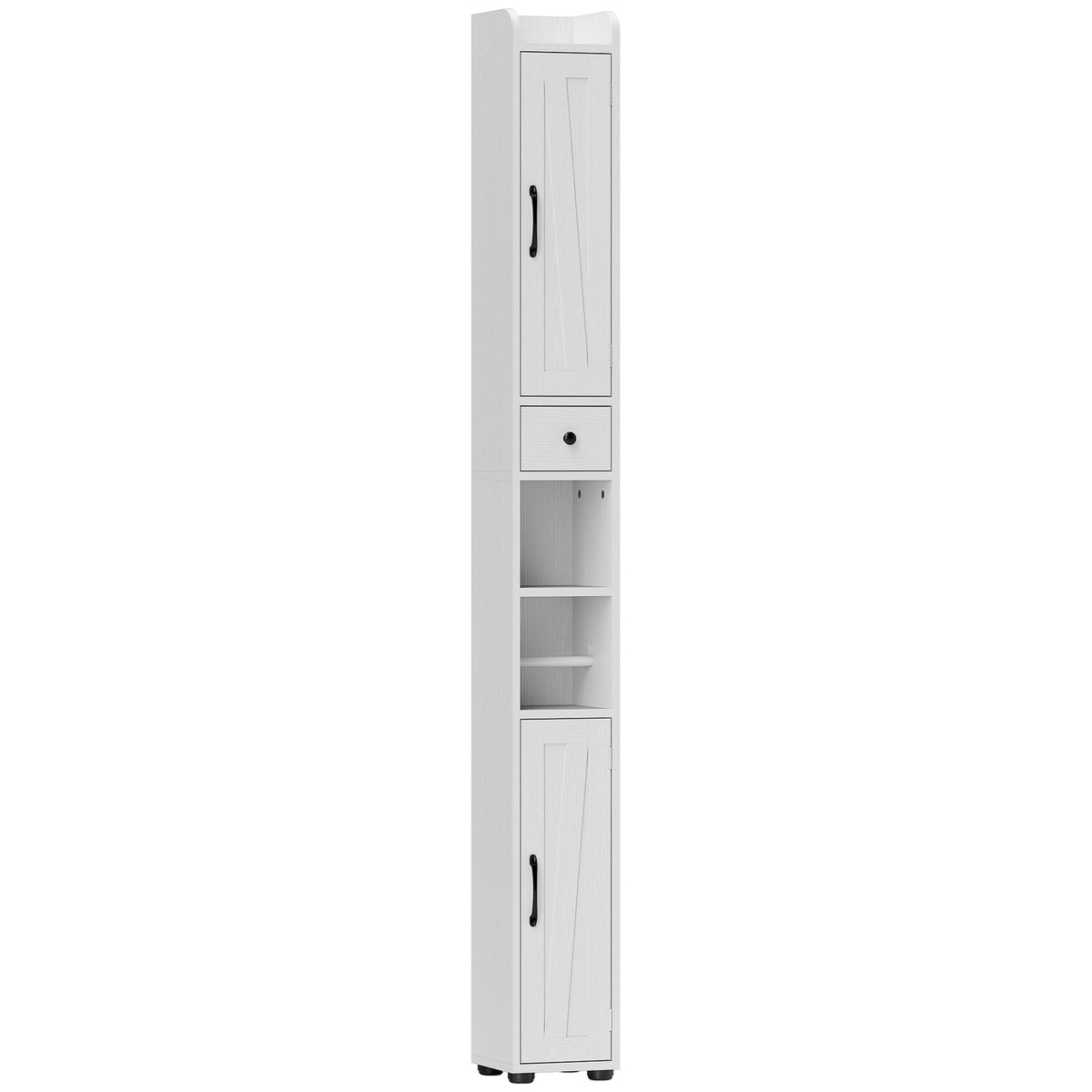Slim white 185 cm farmhouse bathroom cabinet with barn doors, drawer and toilet roll holder