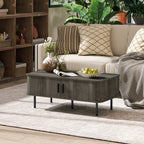 Coffee Table with Storage, Living Room Table with Slatted Tambour Sliding Doors and Adjustable Foot Pads, Rectangular Coffee Table with Elevated Base for Living Room, Grey Wood-Effect