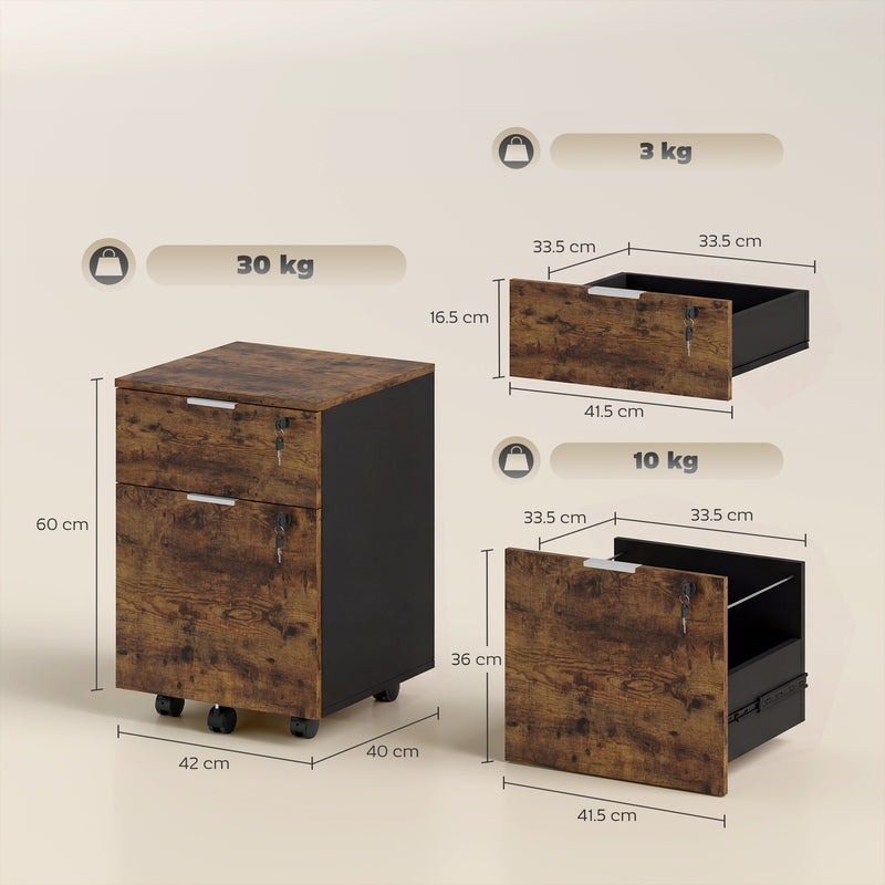HOMCOM Two-Drawer Lockable Filing Cabinet - Black and Rustic Brown – view 3