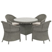 Grey rattan 4-seater dining set with high-back armchairs and round glass table