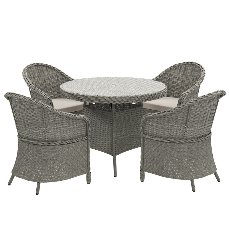Grey rattan 4-seater dining set with high-back armchairs and round glass table