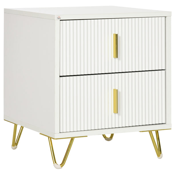 White fluted 2-drawer bedside table with gold-tone handles and hairpin legs