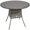 90 cm square grey rattan garden dining table with slatted wood-effect top