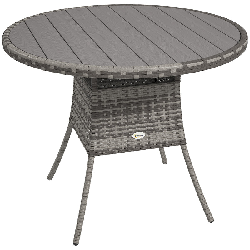 90 cm square grey rattan garden dining table with slatted wood-effect top