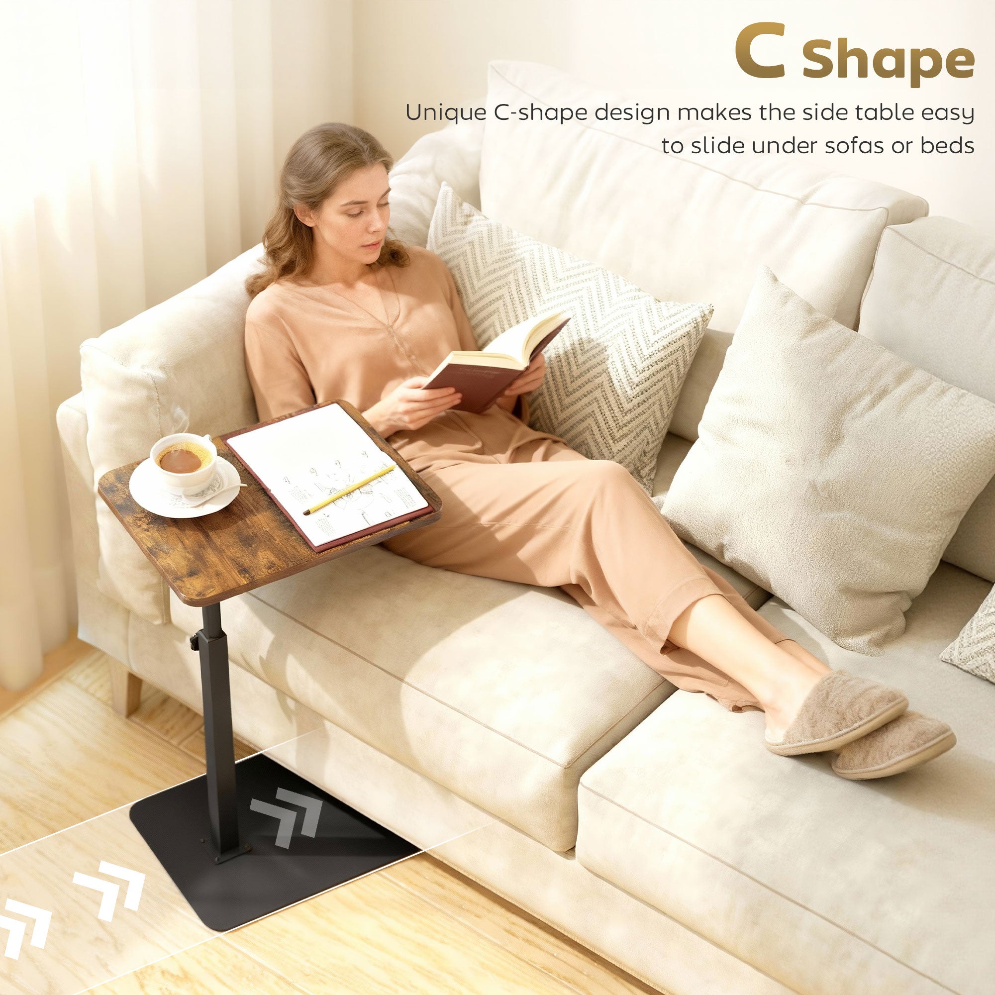 C Shaped Side Table, Small End Table with Adjustable Height and Metal Base for Living Room, Bedroom, Rustic Brown