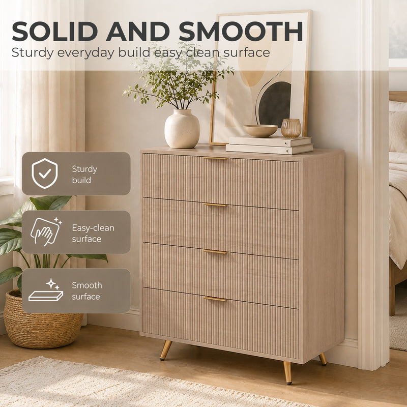HOMCOM Bedroom Chest of Drawers with 4 Drawers, Fluted Dresser with Gold Tone Handles, Storage Cabinet, Natural – view 6
