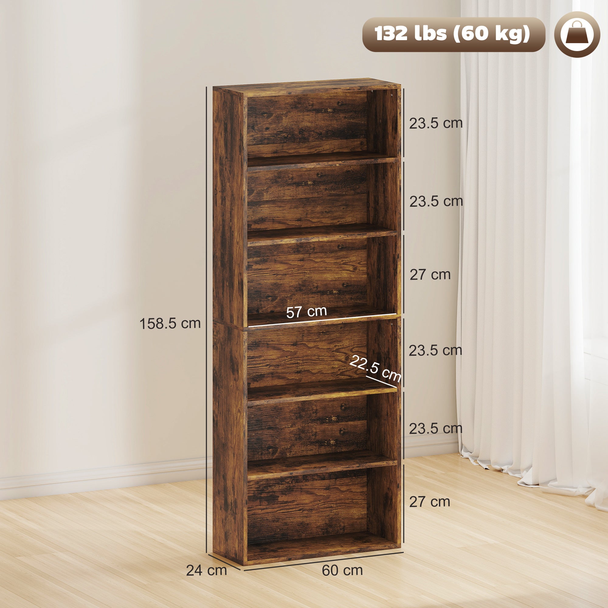 Six Shelf Bookcase - Rustic Brown