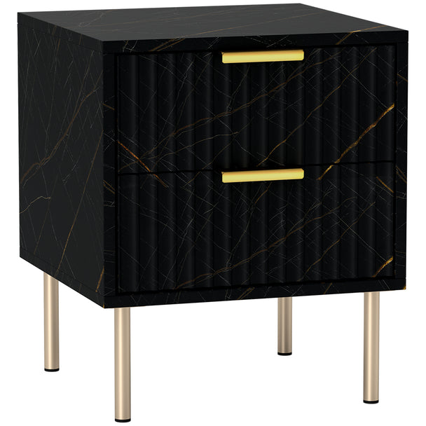 Black marble-effect bedside table with fluted drawer, gold-tone accents and metal legs