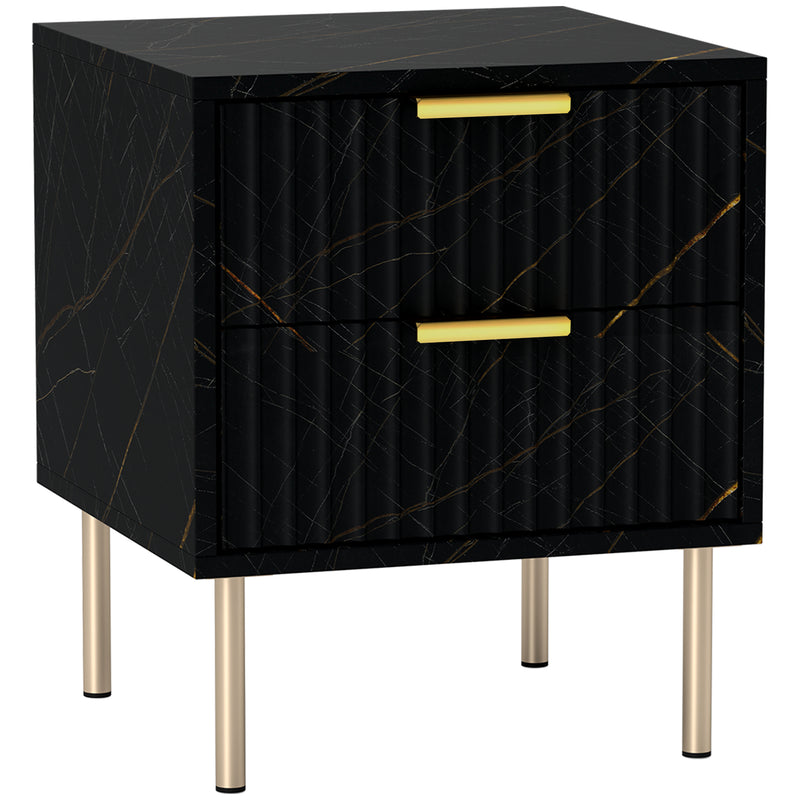 Black marble-effect bedside table with fluted drawer, gold-tone accents and metal legs