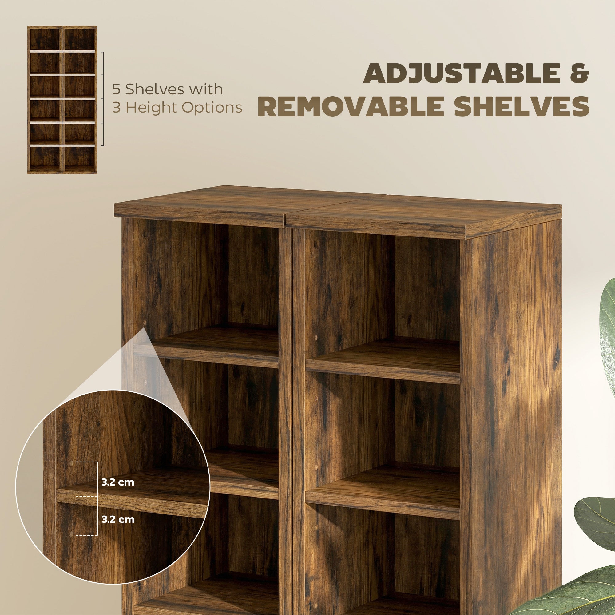 Set of 2 CD Media Display Shelf Unit Tower Rack with Adjustable Shelves, Rustic Brown