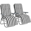 Set of two grey and white folding padded garden recliner chairs with steel frames