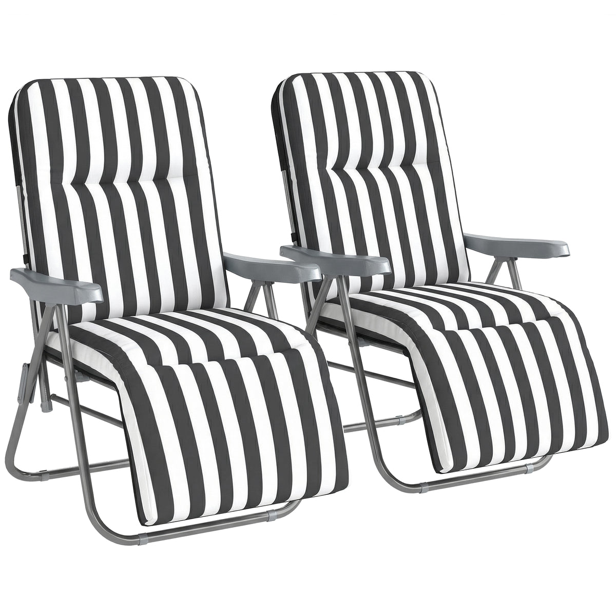 Set of two grey and white folding padded garden recliner chairs with steel frames