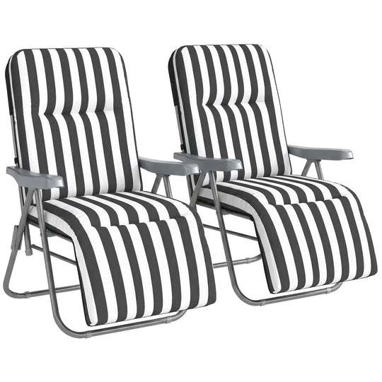 Set of two grey and white folding padded garden recliner chairs with steel frames