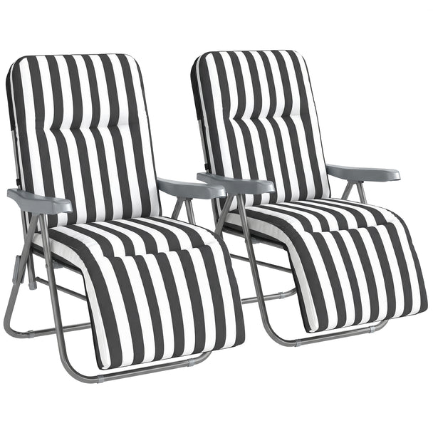 Set of two grey and white folding padded garden recliner chairs with steel frames