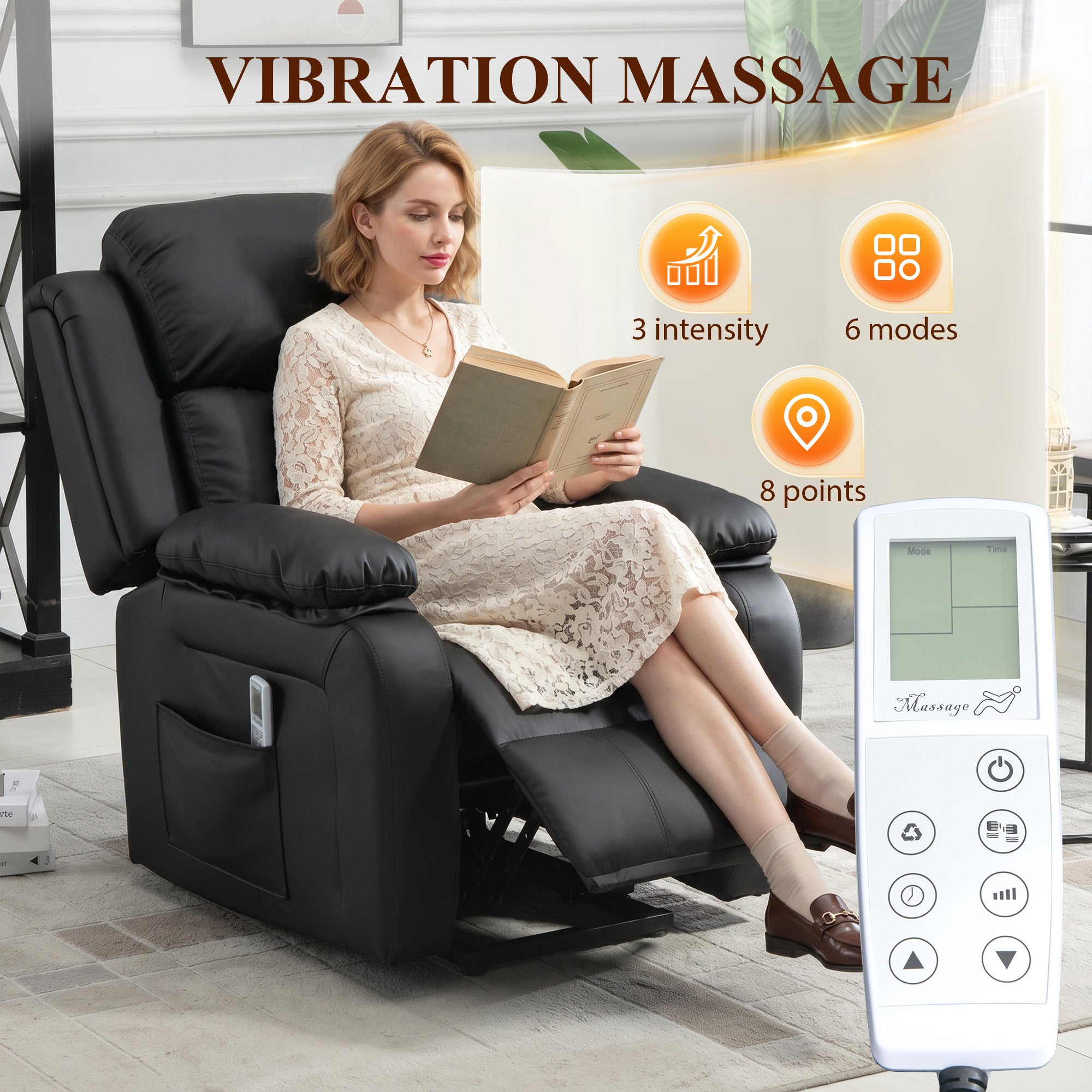 Riser and Recliner Chair with Vibration Massage, PU Leather Power Lift Chair for Elderly, Black