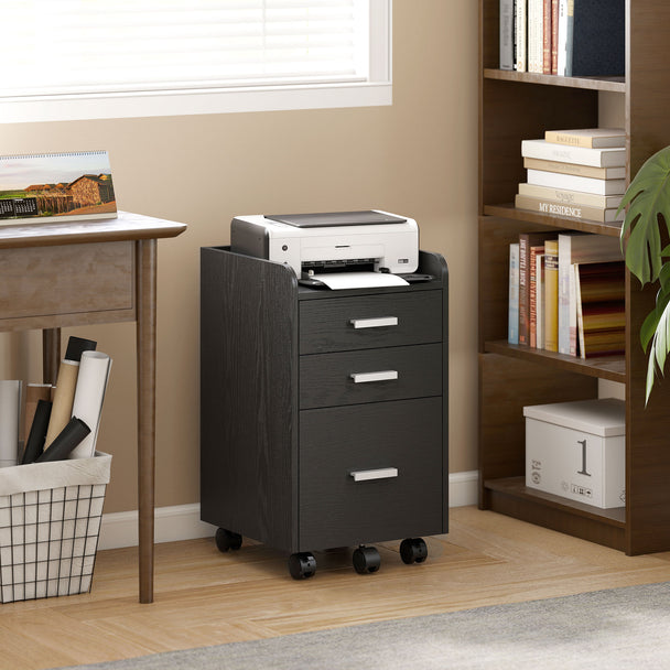 HOMCOM 3 Drawer Filing Cabinet, Rolling File Cabinet with Edged Top for Letter, A4 Size, Hanging File Folders, Black – view 2