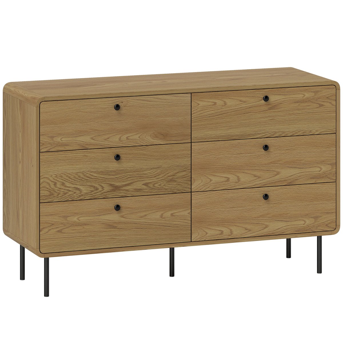 Oak-effect 120 cm wide 6-drawer chest of drawers with black accents and steel legs