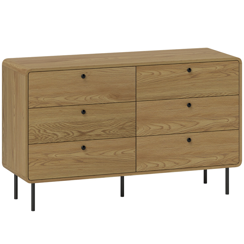 Oak-effect 120 cm wide 6-drawer chest of drawers with black accents and steel legs