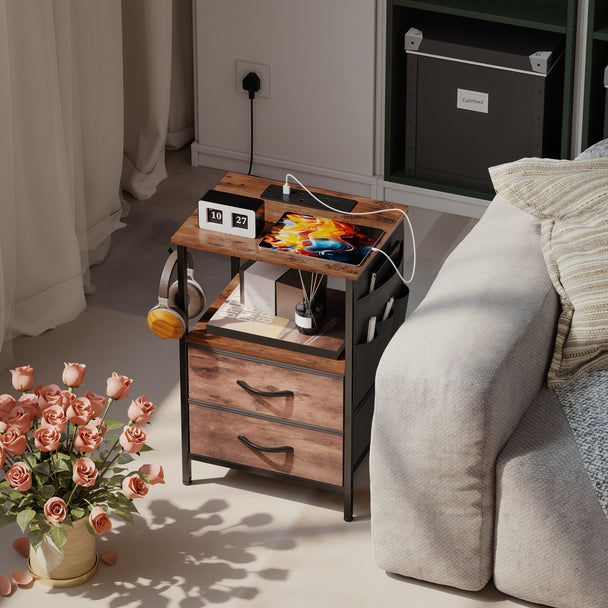 HOMCOM Bedside Table with Charging Station - Rustic Brown – view 2
