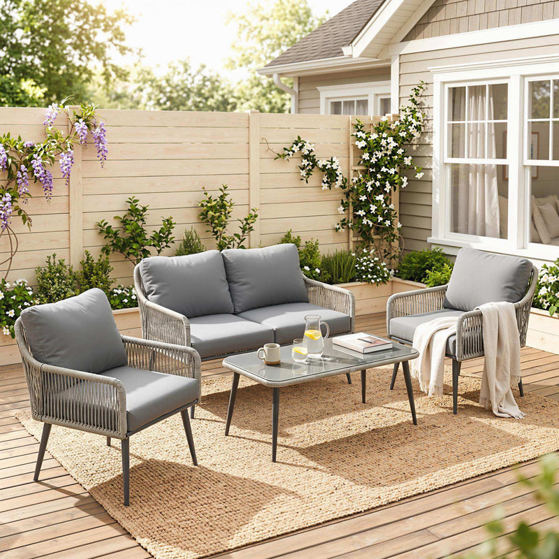 4-piece wide-seat rattan set, light grey – image 2