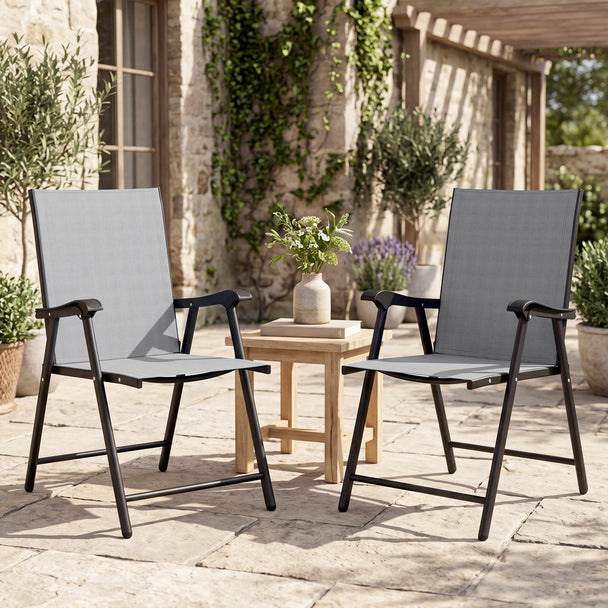 Outsunny Folding Garden Chairs Set of 2, Foldable Garden Dining Chairs with High Back, Armrests, Texteline Seat, Light – view 2