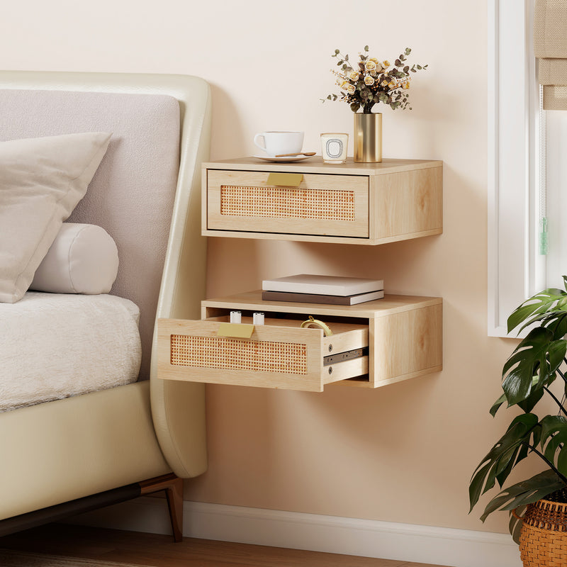 Rattan-drawer floating bedside tables in oak – image 2
