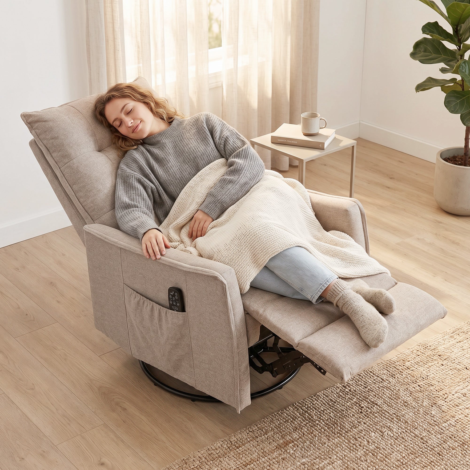 Recliner Armchair, Chenille Recliner Chair with Massage and Heat, 360° Swivel Rocking Manual Recliner, Brown