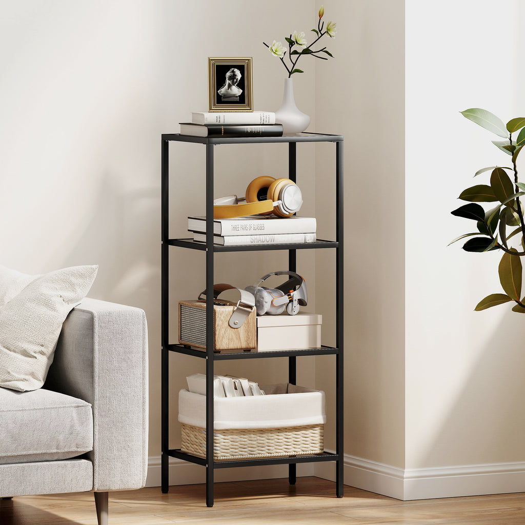 4-Tier Shelving Unit, Glass Shelf, Vertical Storage Shelf for Living Room, Home Office, Bedroom, Bathroom, Black