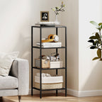 4-Tier Shelving Unit, Glass Shelf, Vertical Storage Shelf for Living Room, Home Office, Bedroom, Bathroom, Black