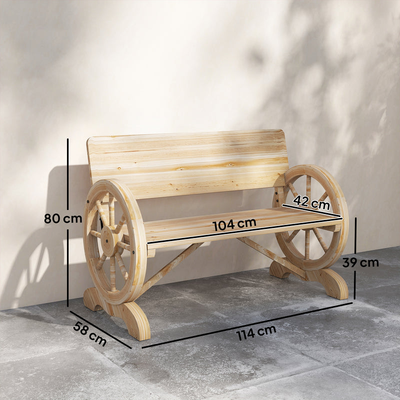 Outsunny Fir Wood 2-Seater Outdoor Garden Wagon Wheel Bench, Natural Wood Finish – view 3
