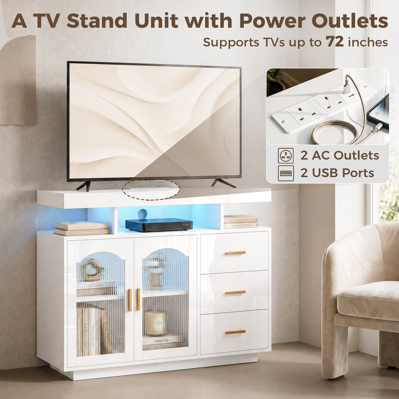 HOMCOM High Gloss Sideboard with LED Lights, Built-in Power Outlets, 3 Drawers, Shelves and 2 Acrylic Doors, White – view 7
