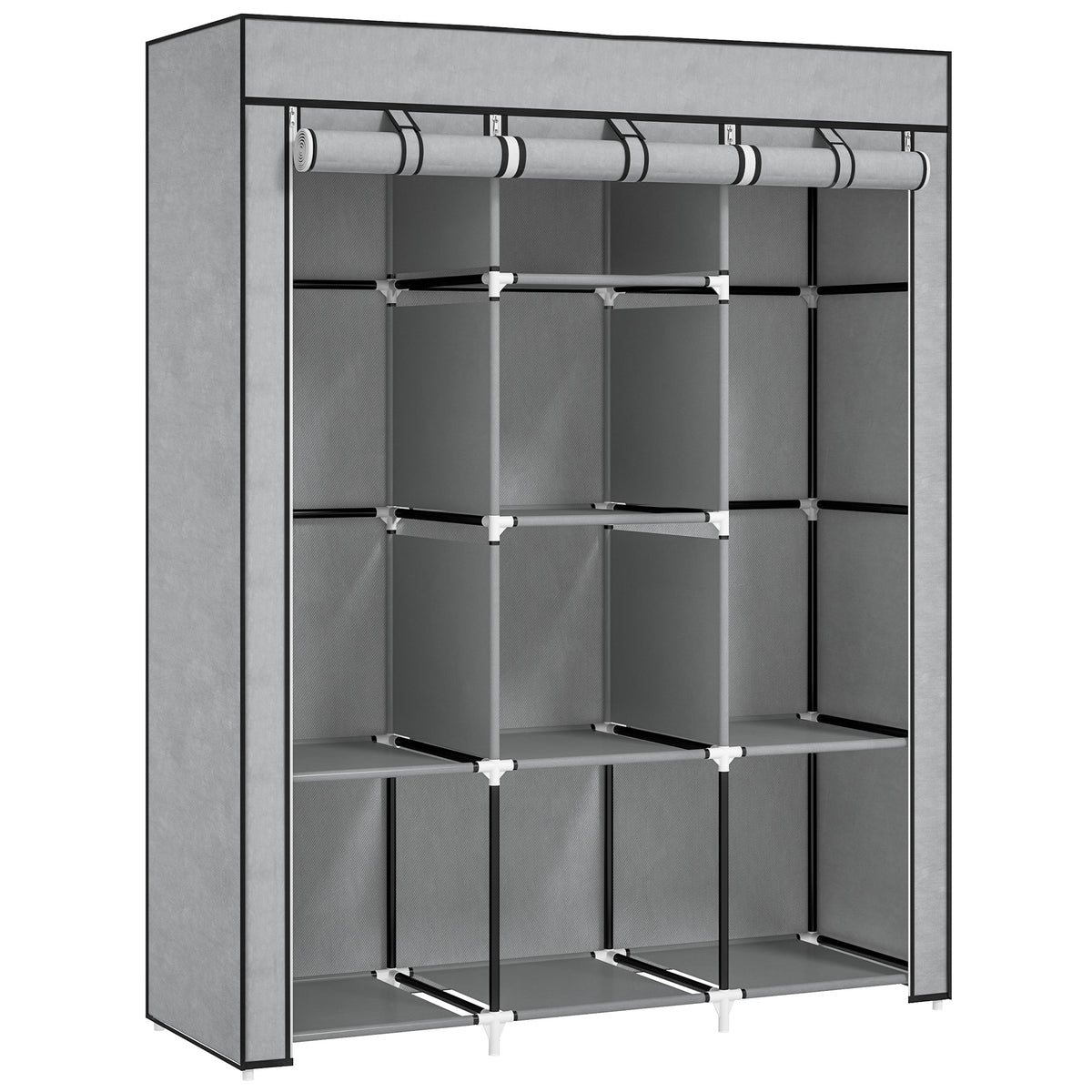 Light grey 125 cm fabric wardrobe with two hanging rails and eight shelves