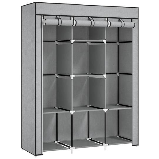 Light grey 125 cm fabric wardrobe with two hanging rails and eight shelves