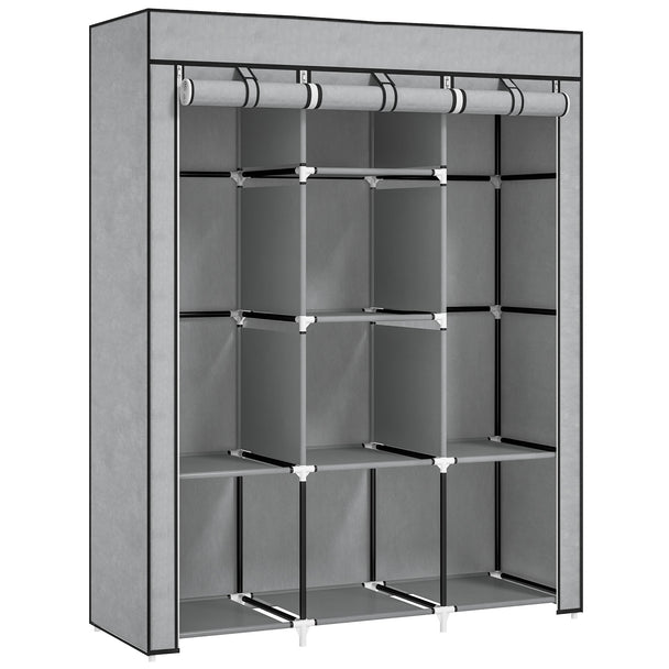 Light grey 125 cm fabric wardrobe with two hanging rails and eight shelves