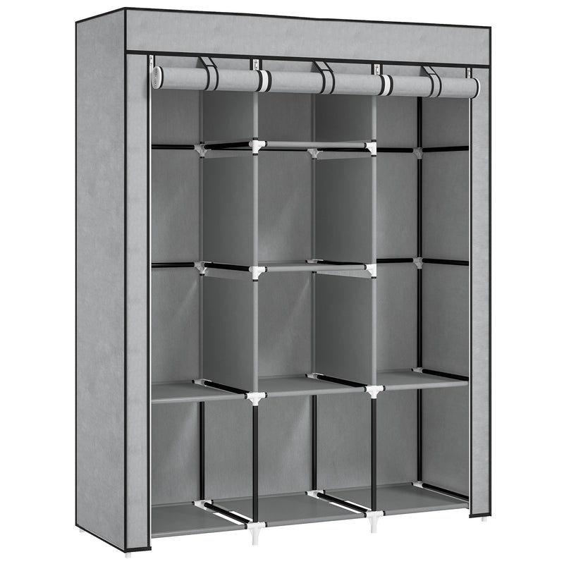 Light grey 125 cm fabric wardrobe with two hanging rails and eight shelves