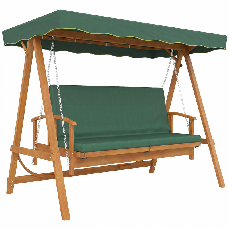 Wooden 3-seater garden swing seat with dark green canopy and cushion on a pine A-frame