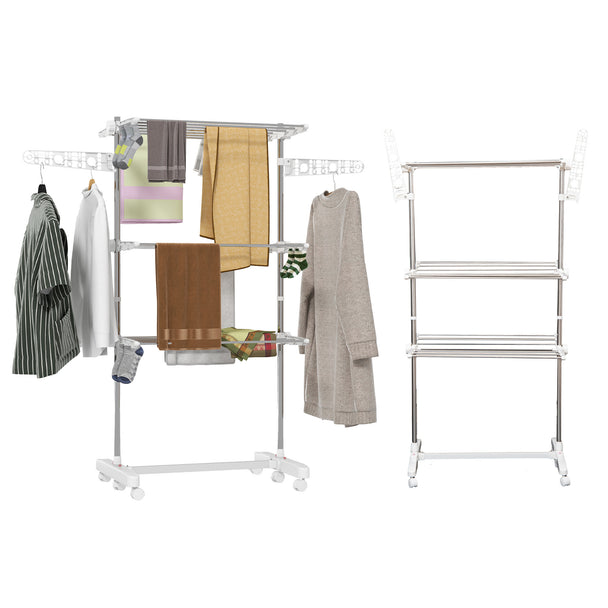White 3-tier foldable clothes airer with side wings and wheels holding laundry