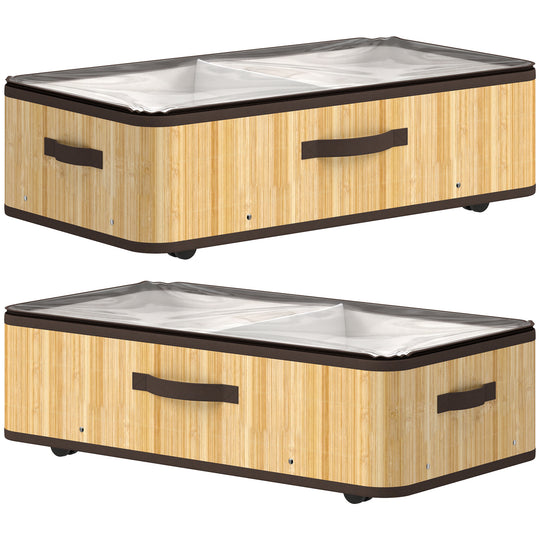 HOMCOM 72L Under Bed Storage with Wheels Pack of 2, Underbed Storage Box with Clear Lid Cover and Reinforced Handle
