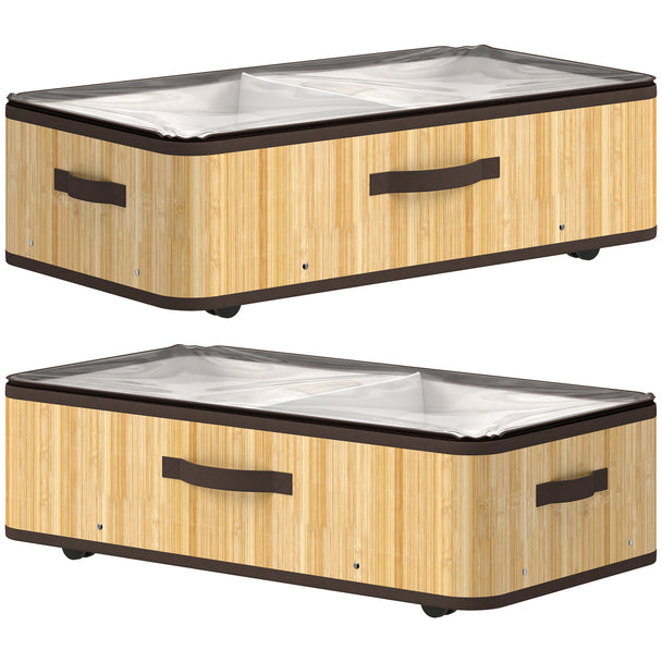 HOMCOM 72L Under Bed Storage with Wheels Pack of 2, Underbed Storage Box with Clear Lid Cover and Reinforced Handle