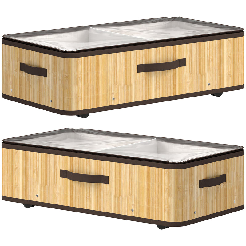 HOMCOM 72L Under Bed Storage with Wheels Pack of 2, Underbed Storage Box with Clear Lid Cover and Reinforced Handle