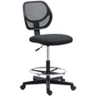 Black armless draughtsman chair with mesh back, padded seat and adjustable foot ring on five wheels